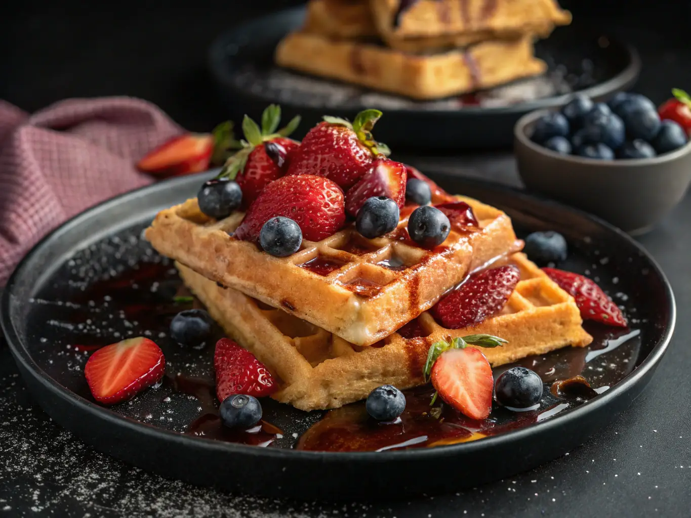 A vibrant photo showcasing a stack of fluffy pancakes drizzled with maple syrup and topped with fresh berries, set against a bright, inviting brunch setting.