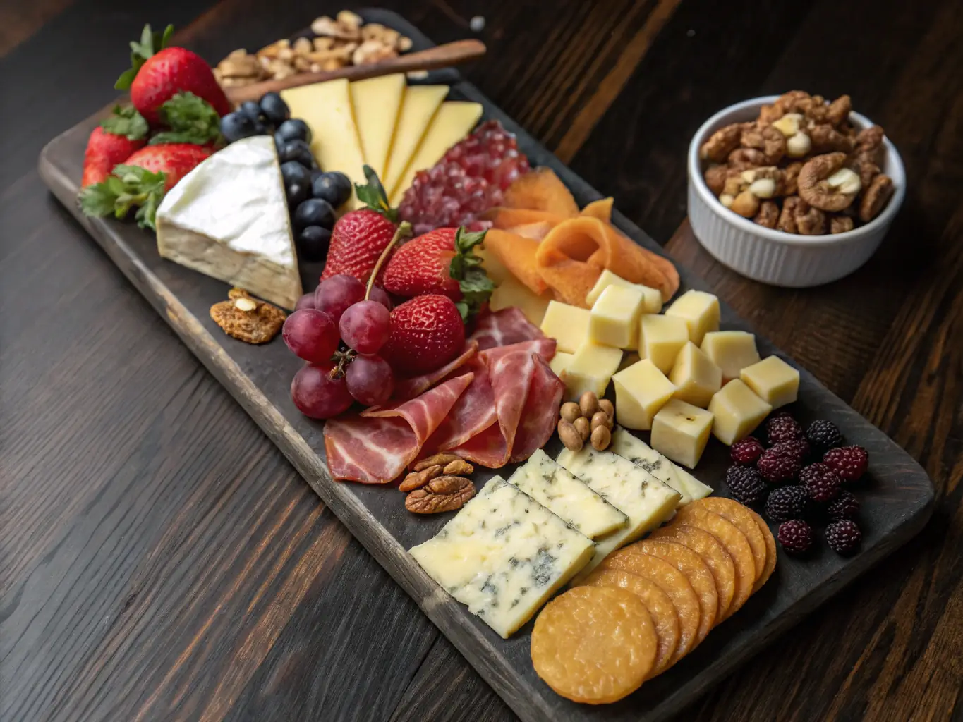 An artfully arranged charcuterie board featuring a selection of artisanal cheeses, cured meats, olives, and crusty bread, paired with a glass of fine wine in a sophisticated setting.