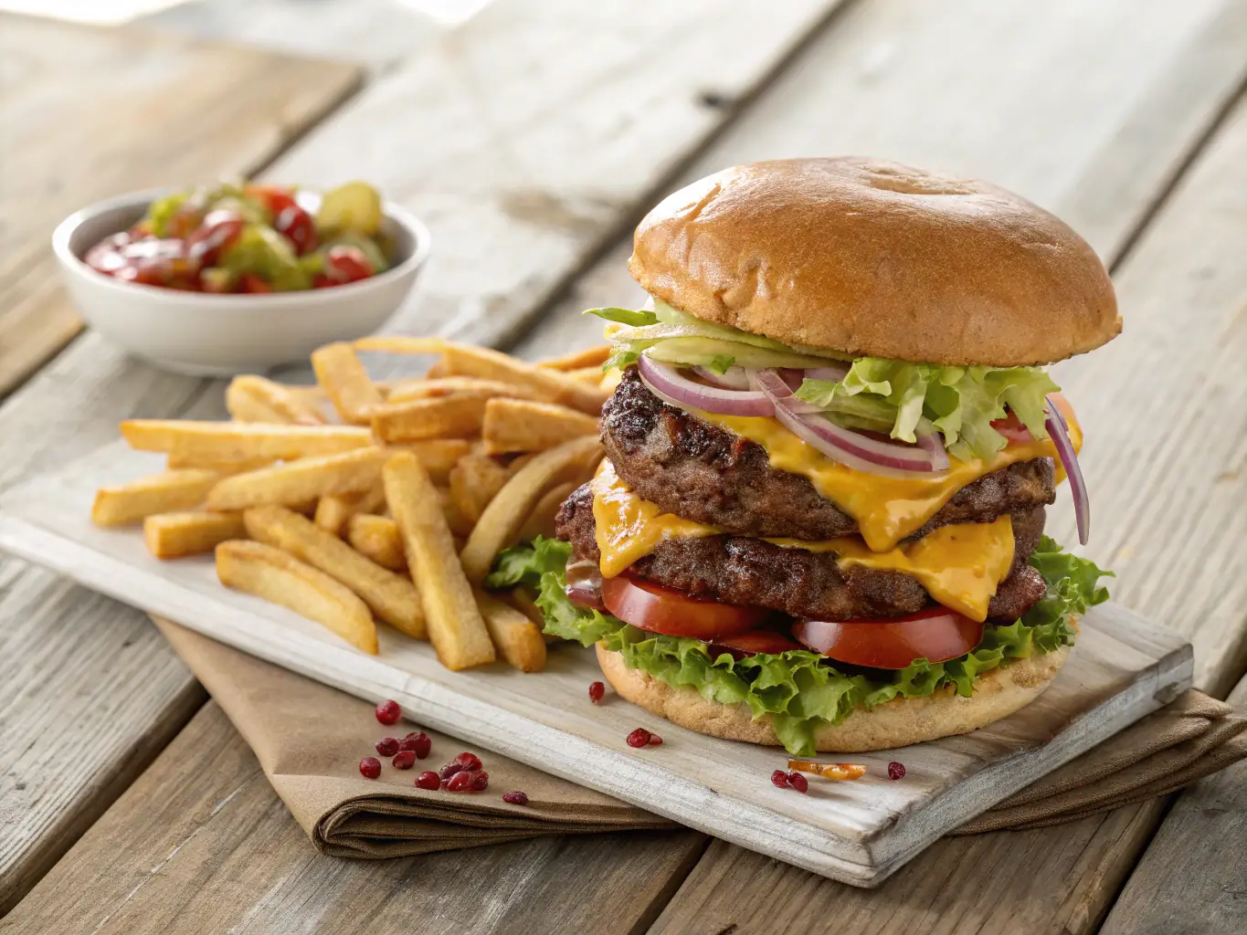 A close-up shot of a gourmet burger with melted cheese, crispy bacon, and fresh toppings, served with a side of golden fries in a stylish gastrobar setting.