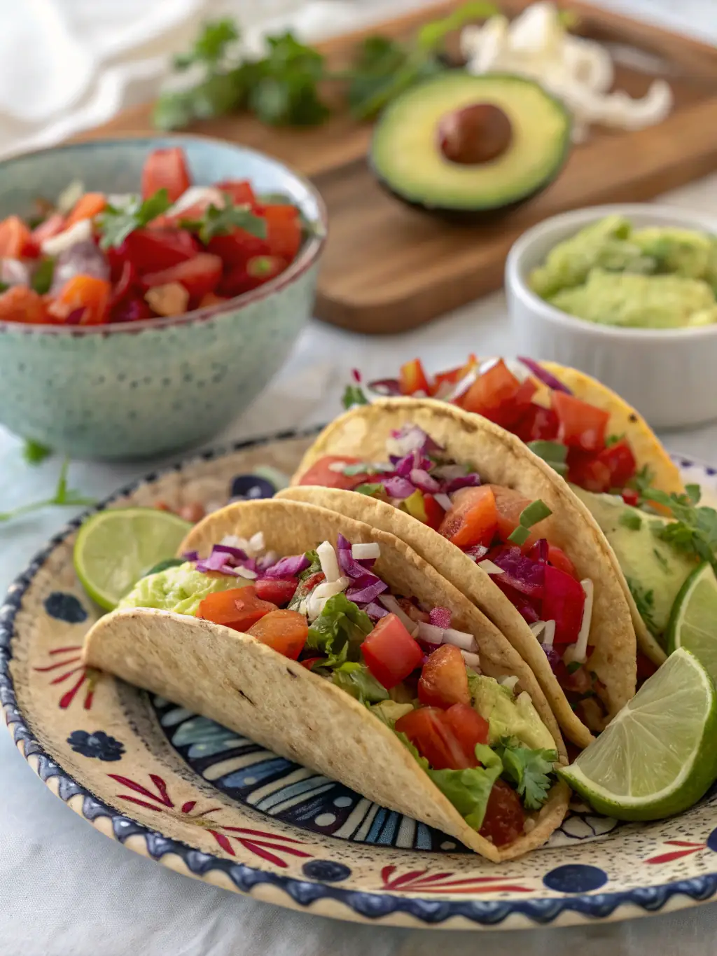 An artful image of 'Spicy Tuna Tacos, ' showcasing the vibrant colors of the tuna, avocado, and spicy mayo, served on crispy taco shells with a lime wedge, emphasizing the freshness and zest.