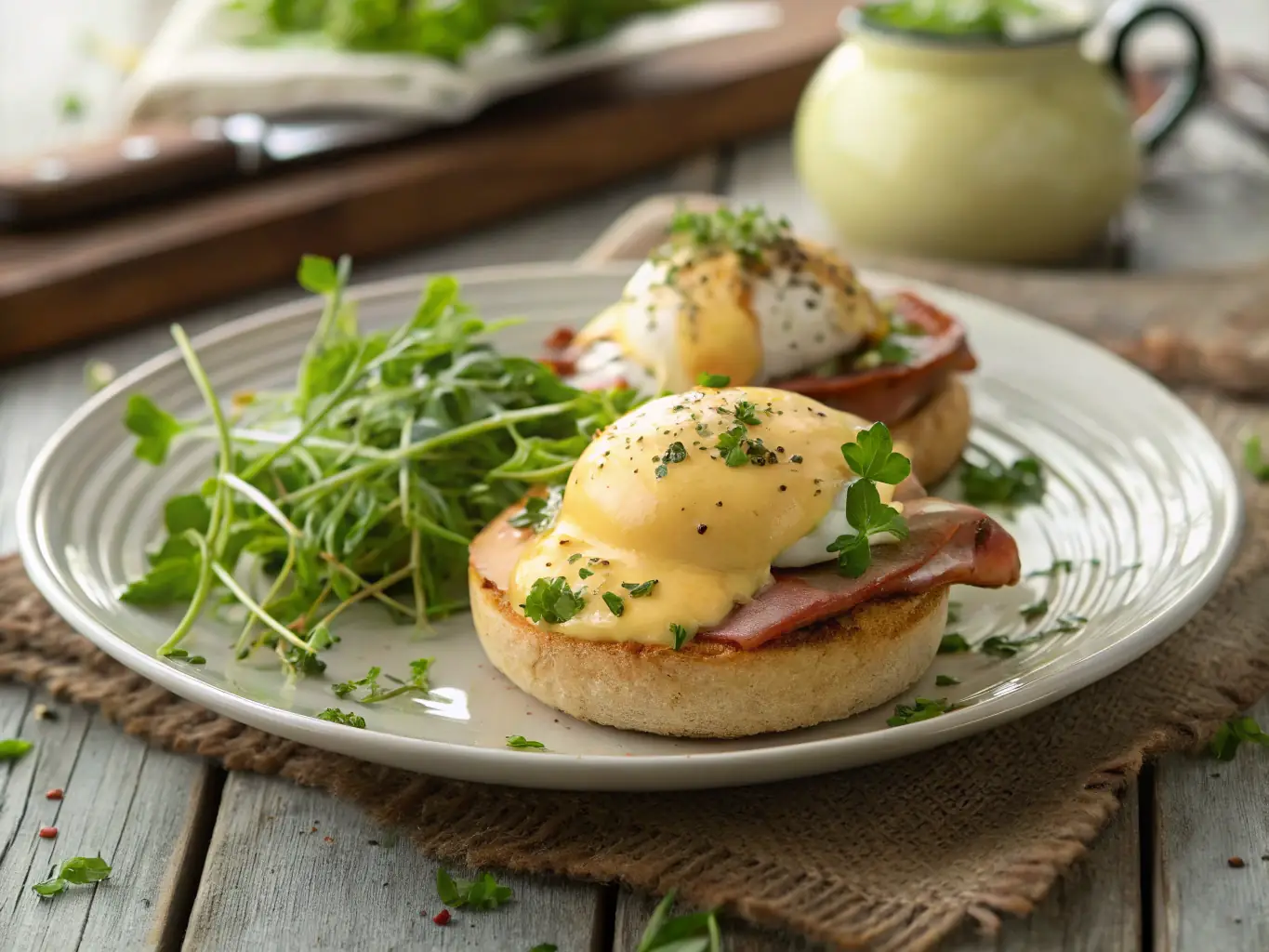 A beautifully plated Eggs Benedict with hollandaise sauce, garnished with fresh herbs, served on a rustic wooden board in a brightly lit restaurant setting.