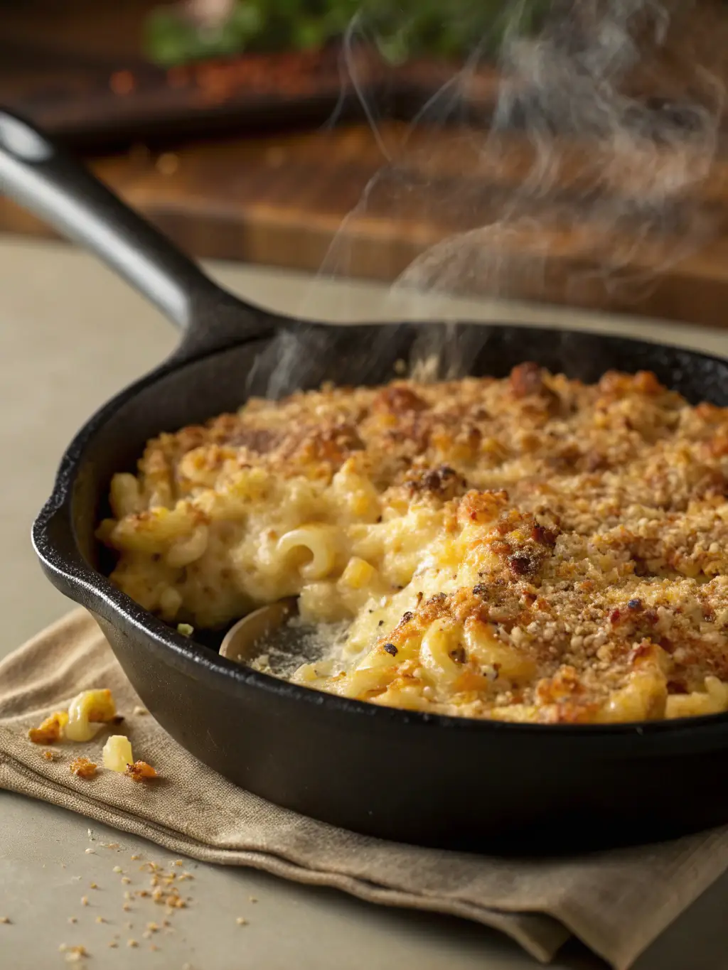 A close-up shot of 'Lobster Mac & Cheese, ' highlighting the creamy texture and generous chunks of lobster, baked to golden perfection in a cast-iron skillet, emphasizing the richness and indulgence.