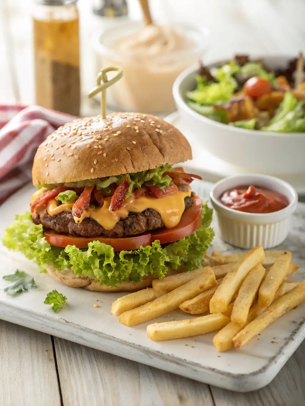 A vibrant photo of the 'TSH Sliders, ' featuring three mini burgers with different gourmet toppings, served on a wooden board with a side of crispy fries, showcasing the variety and quality of ingredients.