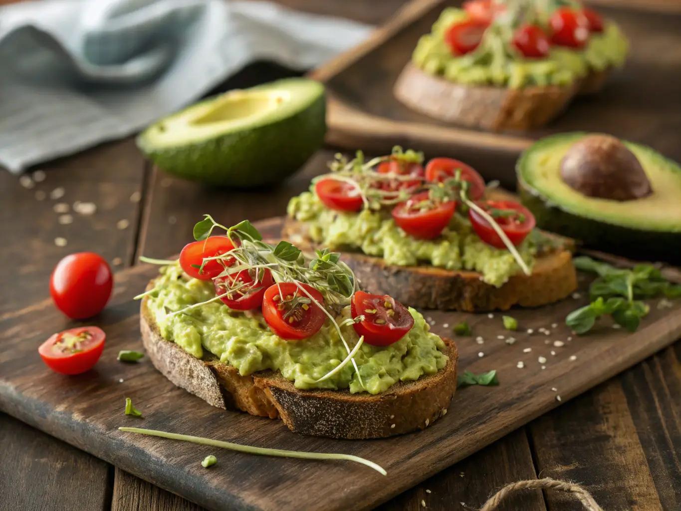 A vibrant avocado toast with smashed avocado, cherry tomatoes, feta cheese, and a sprinkle of red pepper flakes on whole-grain bread, displayed on a marble countertop in a modern kitchen.