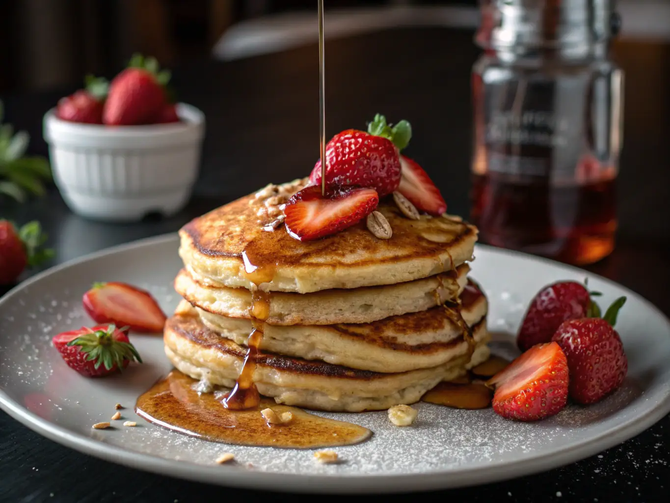 A stack of fluffy pancakes drizzled with maple syrup and topped with fresh berries and whipped cream, presented on a white ceramic plate in a cozy cafe.
